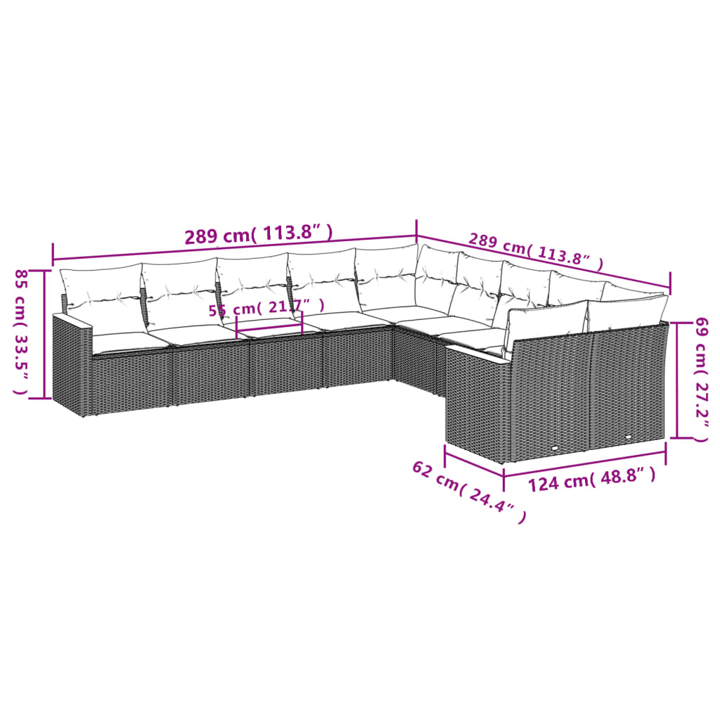 10-tlg. Garten-Sofagarnitur mit Kissen Schwarz Poly Rattan