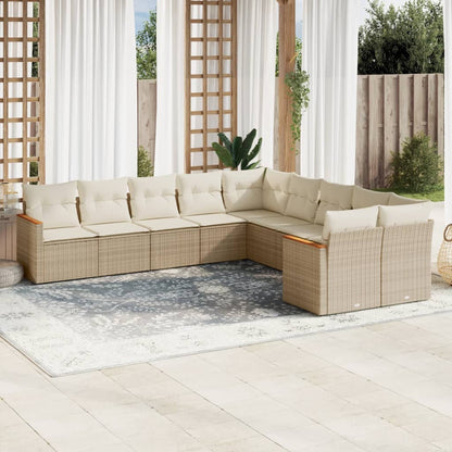 10-tlg. Garten-Sofagarnitur mit Kissen Beige Poly Rattan