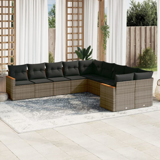 10-tlg. Garten-Sofagarnitur mit Kissen Grau Poly Rattan