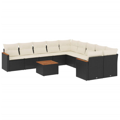 11-tlg. Garten-Sofagarnitur mit Kissen Schwarz Poly Rattan