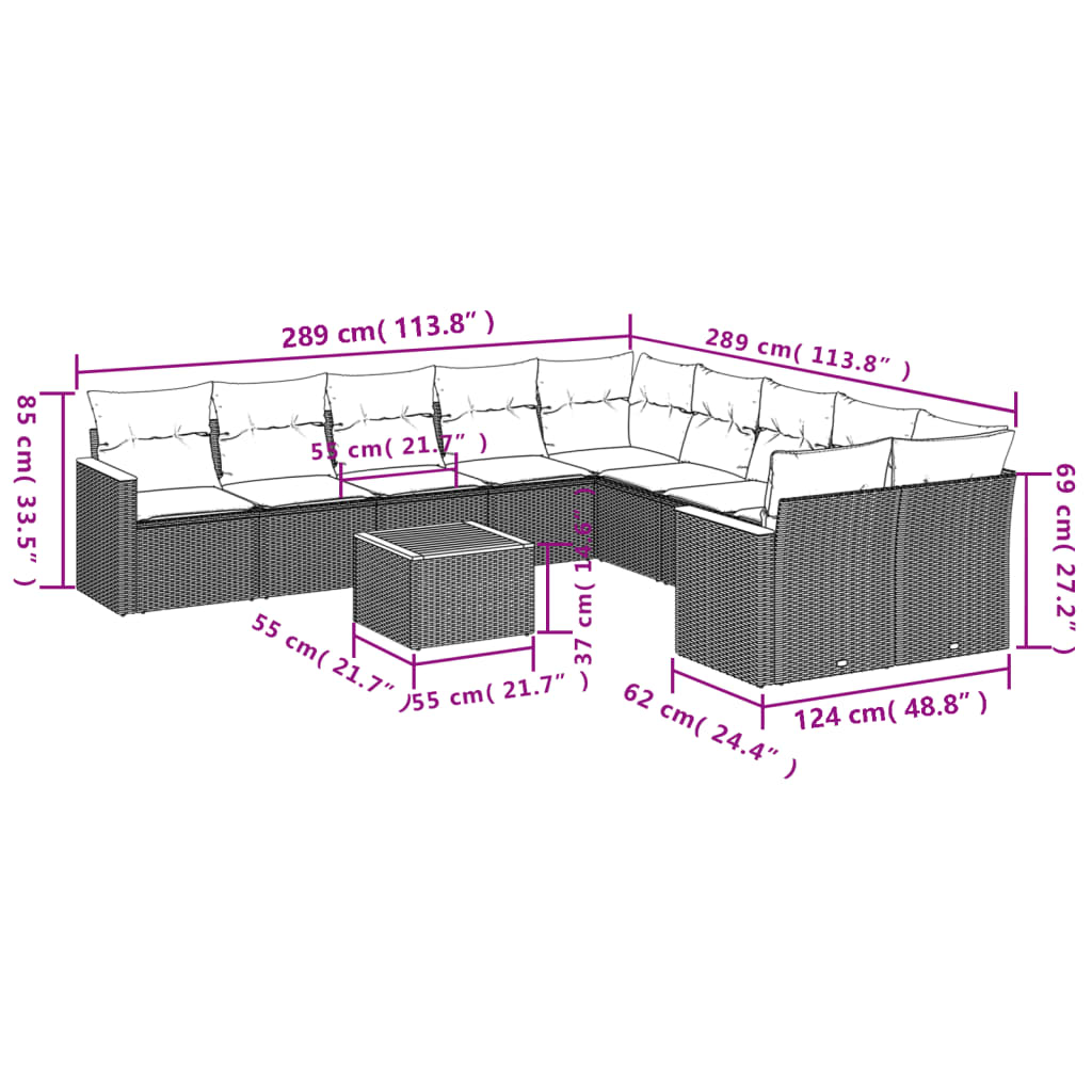 11-tlg. Garten-Sofagarnitur mit Kissen Schwarz Poly Rattan