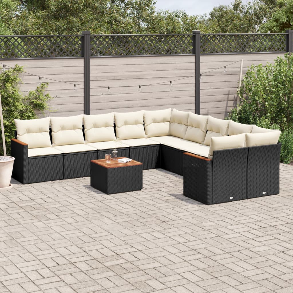 11-tlg. Garten-Sofagarnitur mit Kissen Schwarz Poly Rattan