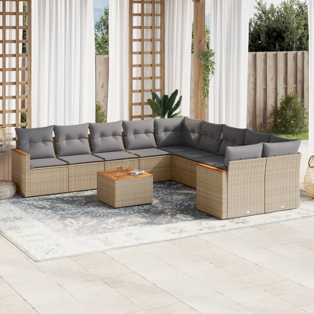 11-tlg. Garten-Sofagarnitur mit Kissen Beige Poly Rattan