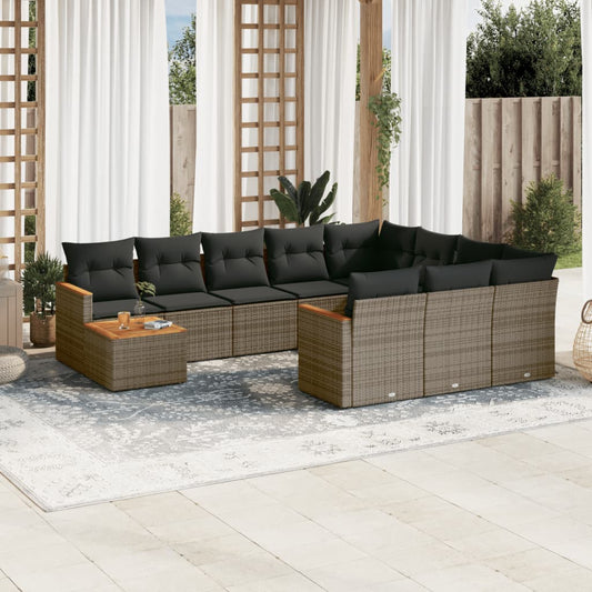 11-tlg. Garten-Sofagarnitur mit Kissen Grau Poly Rattan