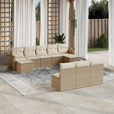 10-tlg. Garten-Sofagarnitur mit Kissen Beige Poly Rattan