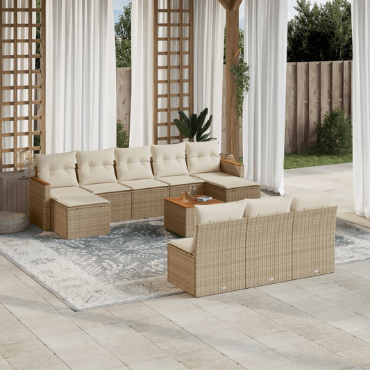 11-tlg. Garten-Sofagarnitur mit Kissen Beige Poly Rattan