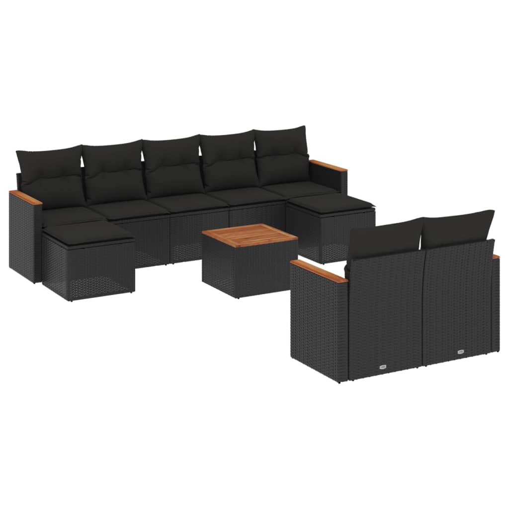 10-tlg. Garten-Sofagarnitur mit Kissen Schwarz Poly Rattan