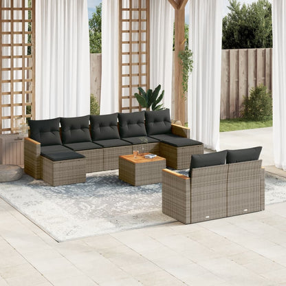 10-tlg. Garten-Sofagarnitur mit Kissen Grau Poly Rattan