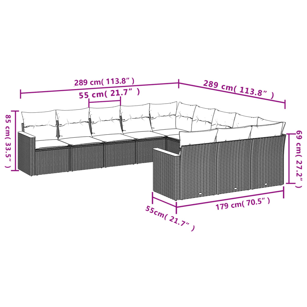 11-tlg. Garten-Sofagarnitur mit Kissen Beige Poly Rattan