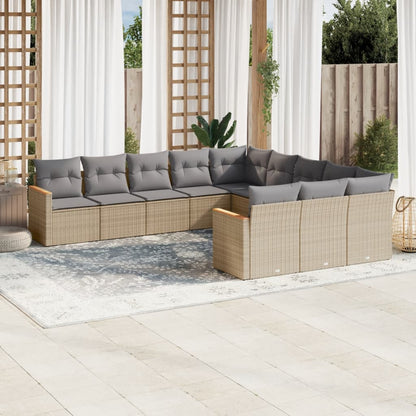 11-tlg. Garten-Sofagarnitur mit Kissen Beige Poly Rattan