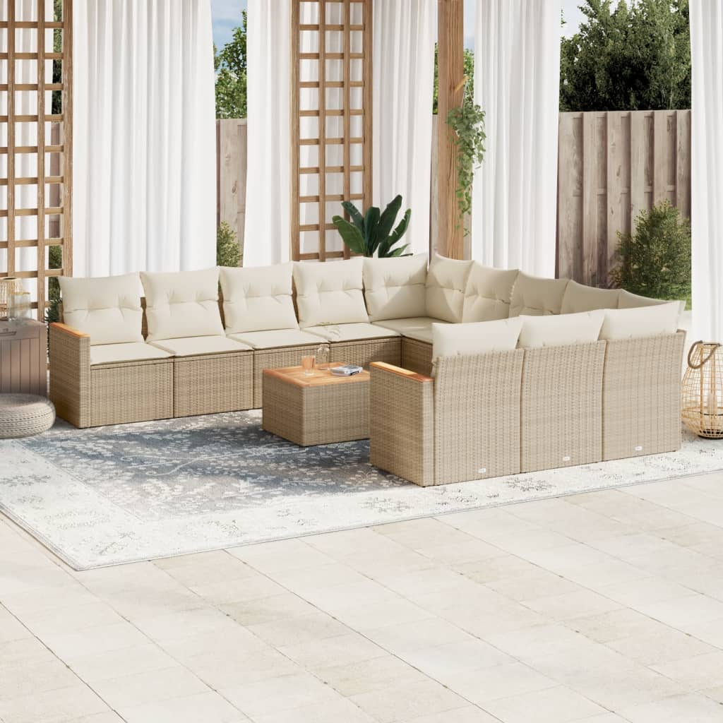 12-tlg. Garten-Sofagarnitur mit Kissen Beige Poly Rattan