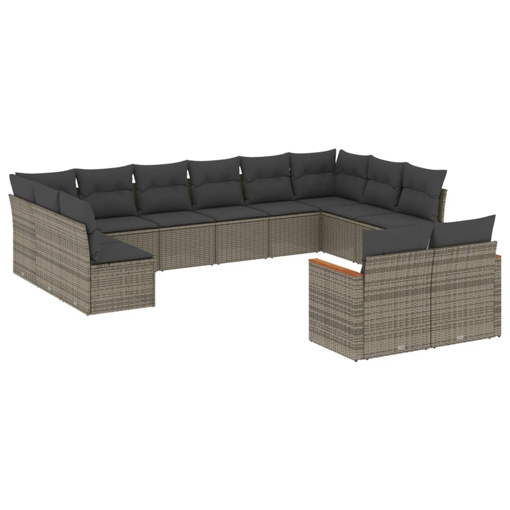 12-tlg. Garten-Sofagarnitur mit Kissen Grau Poly Rattan