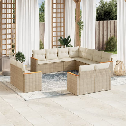 11-tlg. Garten-Sofagarnitur mit Kissen Beige Poly Rattan