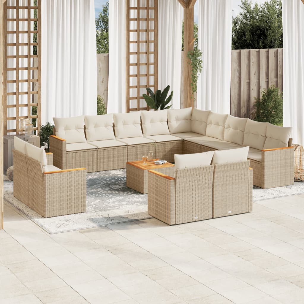 14-tlg. Garten-Sofagarnitur mit Kissen Beige Poly Rattan