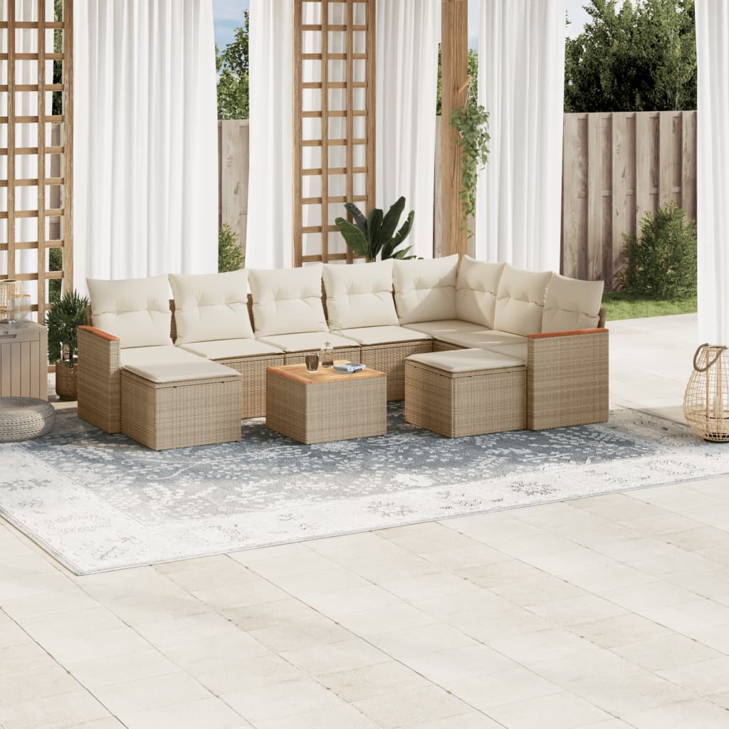 10-tlg. Garten-Sofagarnitur mit Kissen Beige Poly Rattan