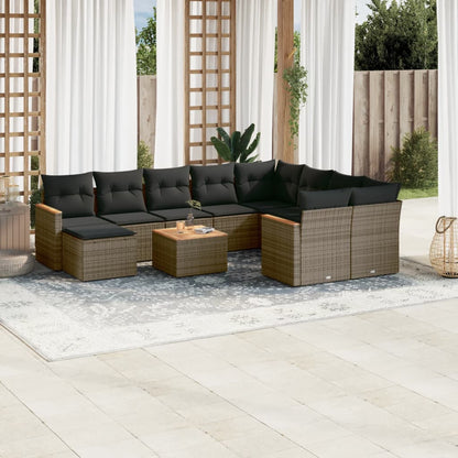 11-tlg. Garten-Sofagarnitur mit Kissen Grau Poly Rattan