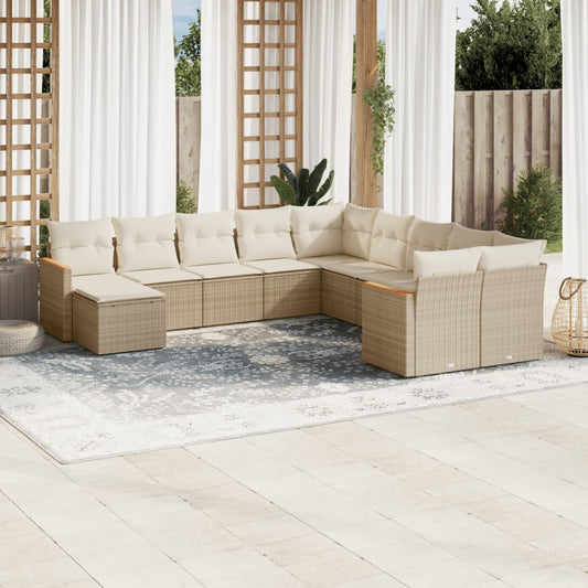 11-tlg. Garten-Sofagarnitur mit Kissen Beige Poly Rattan