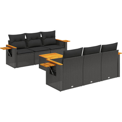 7-tlg. Garten-Sofagarnitur mit Kissen Schwarz Poly Rattan