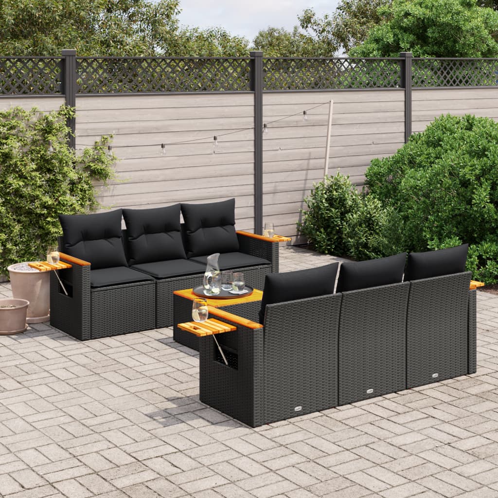 7-tlg. Garten-Sofagarnitur mit Kissen Schwarz Poly Rattan