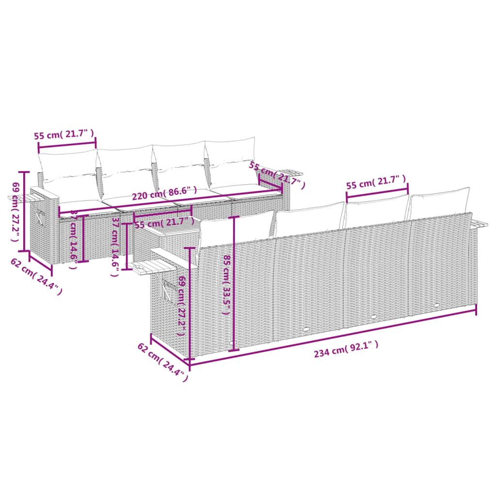 9-tlg. Garten-Sofagarnitur mit Kissen Schwarz Poly Rattan