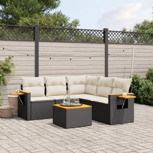 6-tlg. Garten-Sofagarnitur mit Kissen Schwarz Poly Rattan