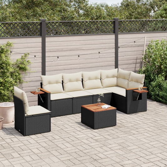 7-tlg. Garten-Sofagarnitur mit Kissen Schwarz Poly Rattan