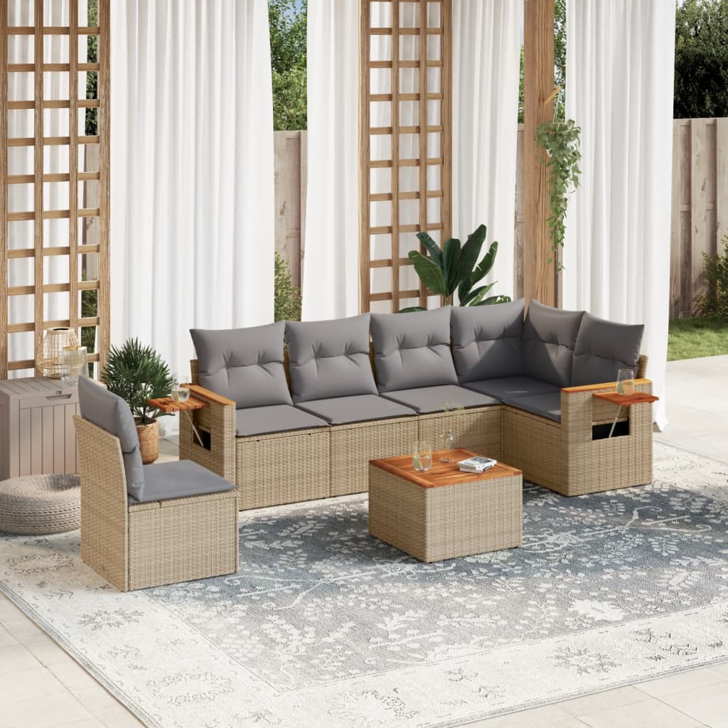 7-tlg. Garten-Sofagarnitur mit Kissen Beige Poly Rattan