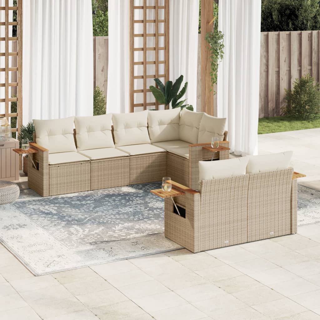 7-tlg. Garten-Sofagarnitur mit Kissen Beige Poly Rattan