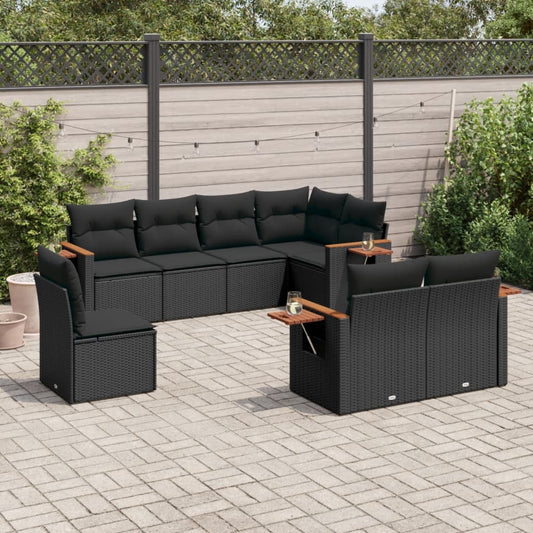 8-tlg. Garten-Sofagarnitur mit Kissen Schwarz Poly Rattan