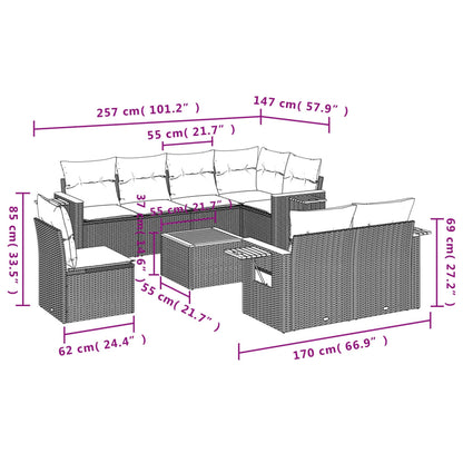 9-tlg. Garten-Sofagarnitur mit Kissen Schwarz Poly Rattan