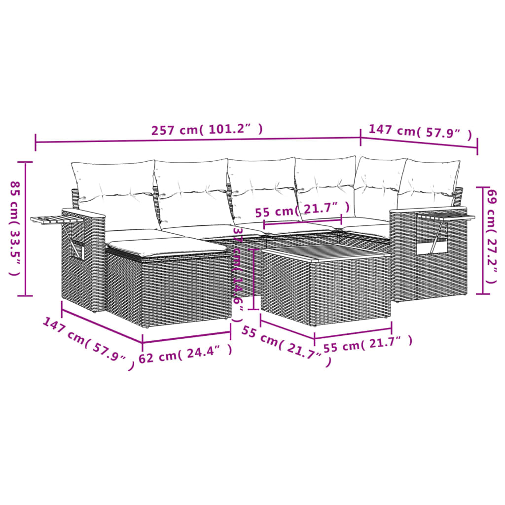 7-tlg. Garten-Sofagarnitur mit Kissen Beige Poly Rattan