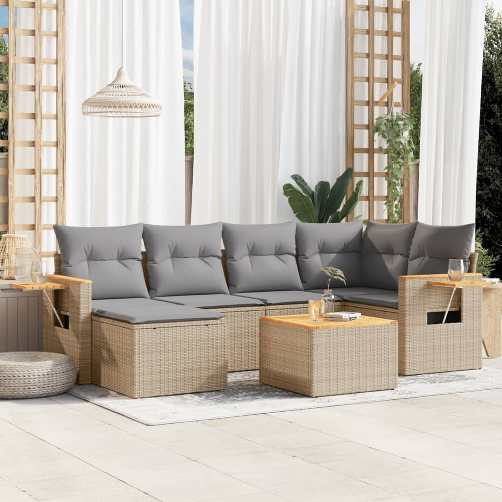 7-tlg. Garten-Sofagarnitur mit Kissen Beige Poly Rattan