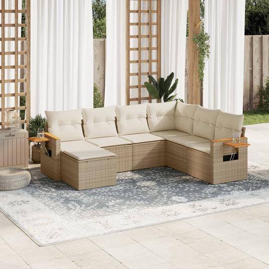 7-tlg. Garten-Sofagarnitur mit Kissen Beige Poly Rattan