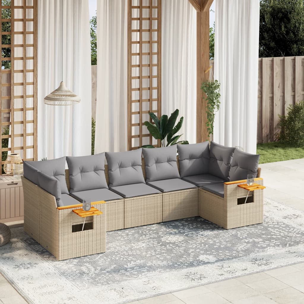 7-tlg. Garten-Sofagarnitur mit Kissen Beige Poly Rattan