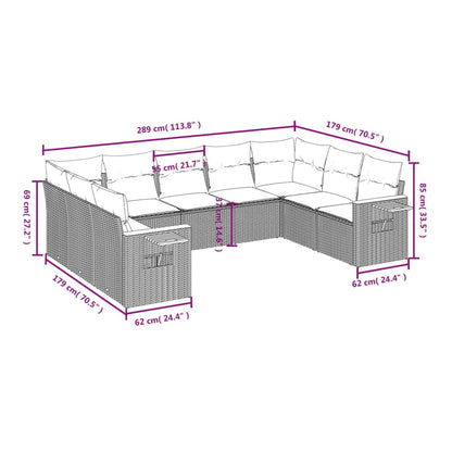 9-tlg. Garten-Sofagarnitur mit Kissen Grau Poly Rattan