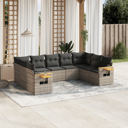 9-tlg. Garten-Sofagarnitur mit Kissen Grau Poly Rattan