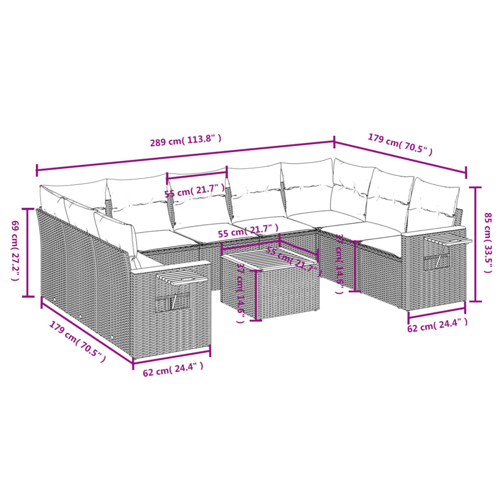 10-tlg. Garten-Sofagarnitur mit Kissen Grau Poly Rattan