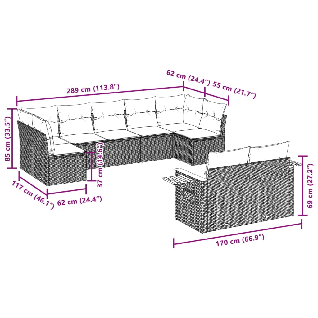 9-tlg. Garten-Sofagarnitur mit Kissen Beige Poly Rattan