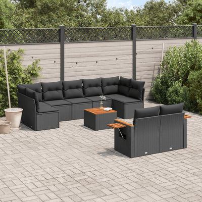 10-tlg. Garten-Sofagarnitur mit Kissen Schwarz Poly Rattan