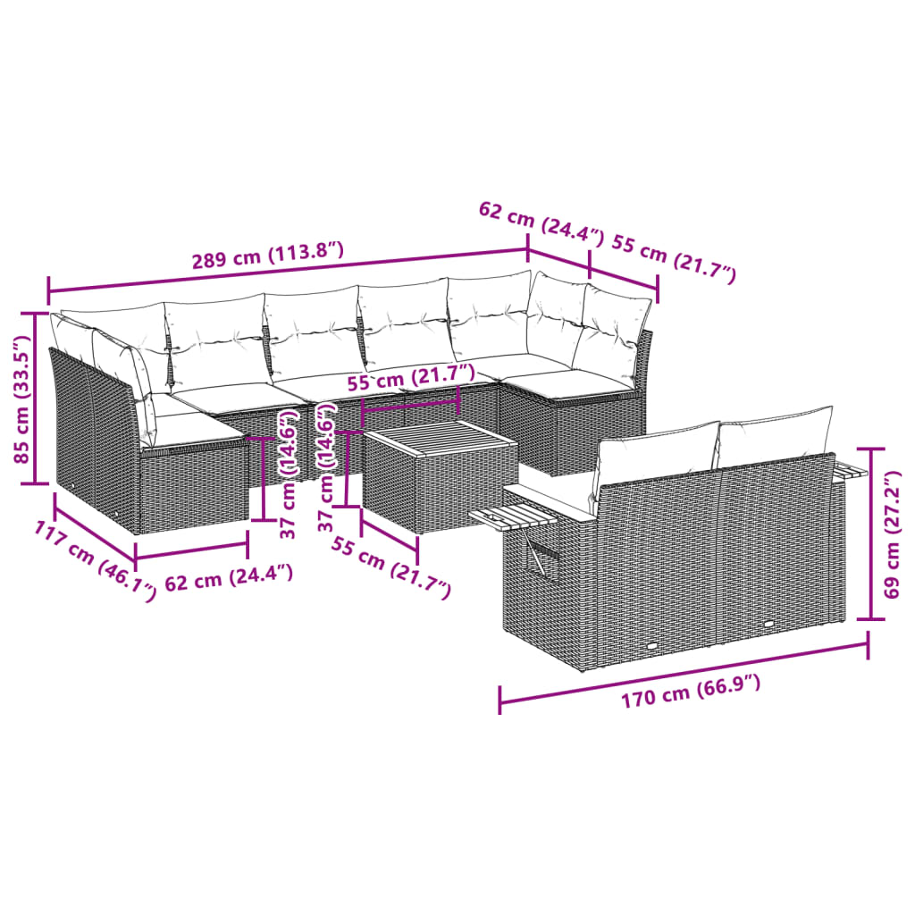 10-tlg. Garten-Sofagarnitur mit Kissen Beige Poly Rattan