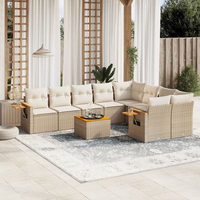 10-tlg. Garten-Sofagarnitur mit Kissen Beige Poly Rattan