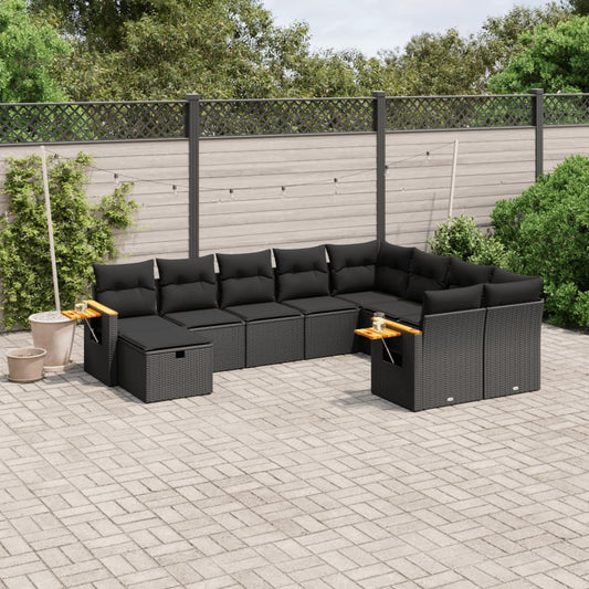 10-tlg. Garten-Sofagarnitur mit Kissen Schwarz Poly Rattan