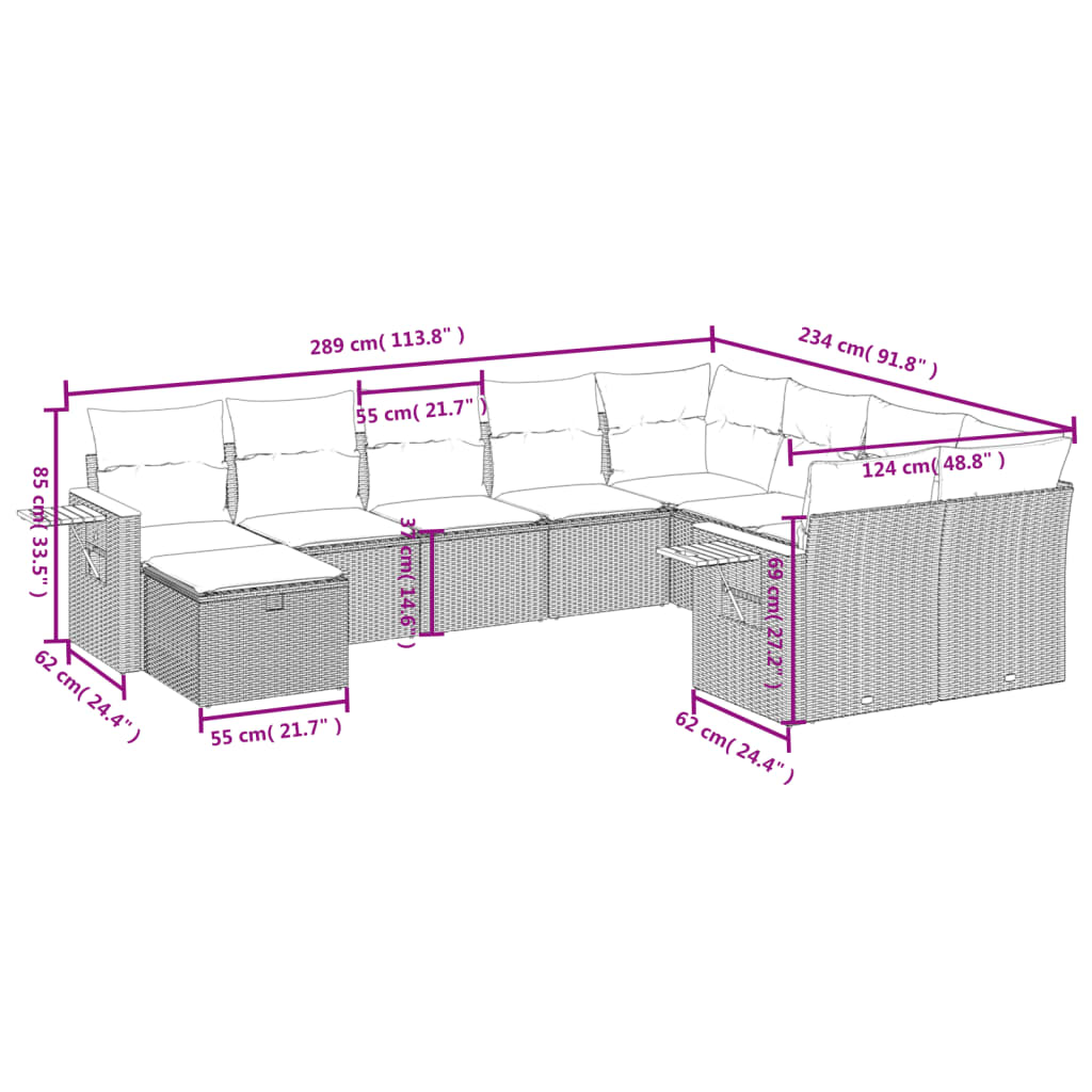 10-tlg. Garten-Sofagarnitur mit Kissen Schwarz Poly Rattan