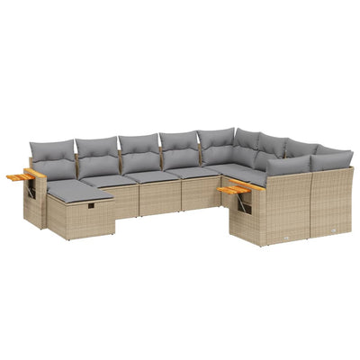 10-tlg. Garten-Sofagarnitur mit Kissen Beige Poly Rattan