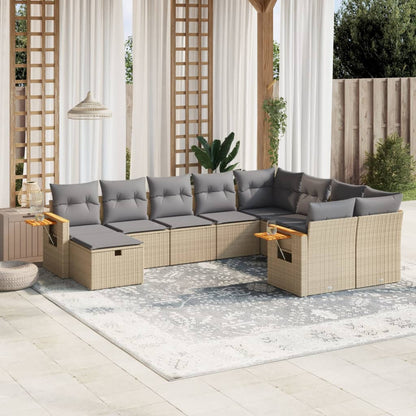 10-tlg. Garten-Sofagarnitur mit Kissen Beige Poly Rattan