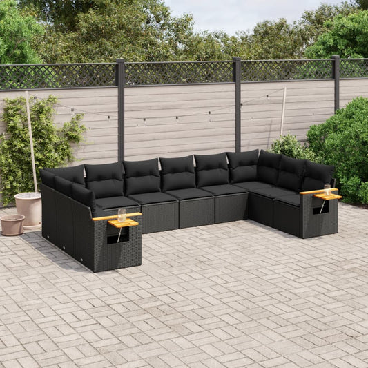 10-tlg. Garten-Sofagarnitur mit Kissen Schwarz Poly Rattan