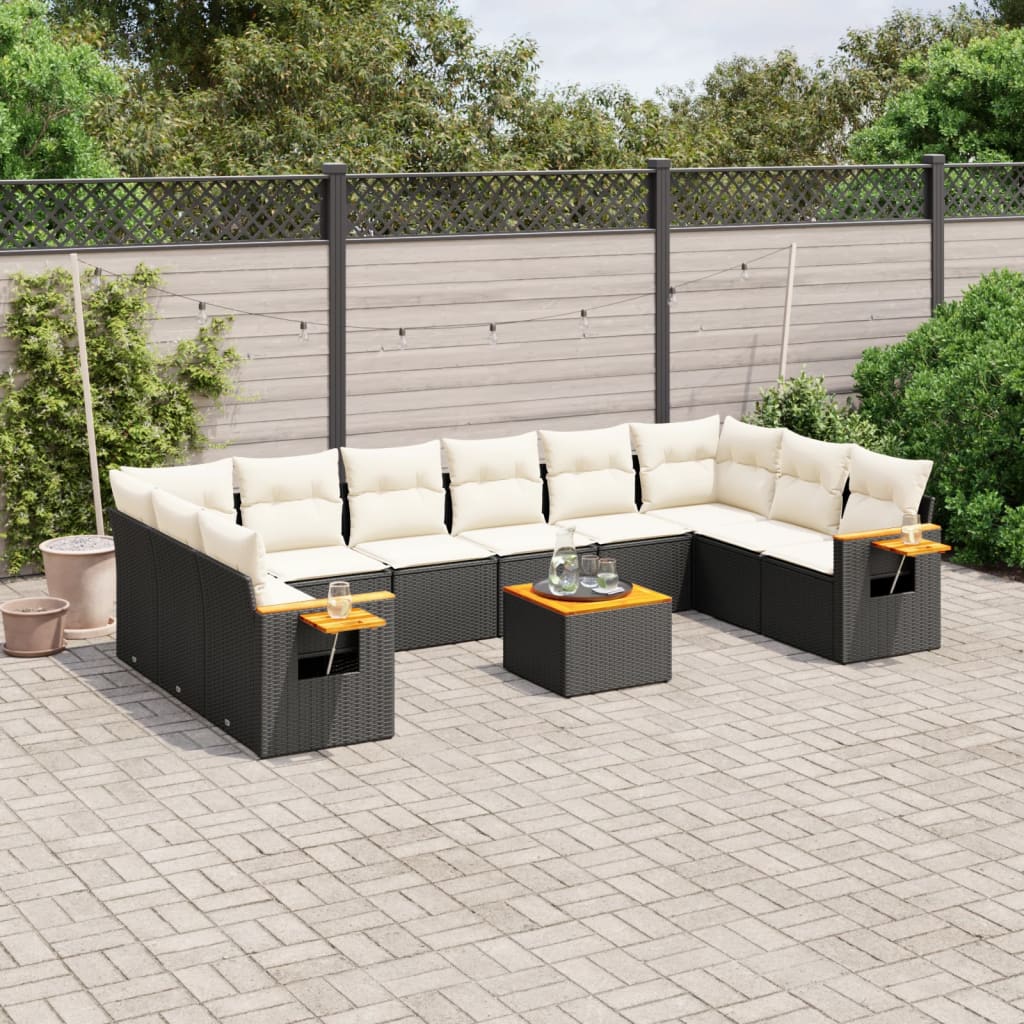 11-tlg. Garten-Sofagarnitur mit Kissen Schwarz Poly Rattan