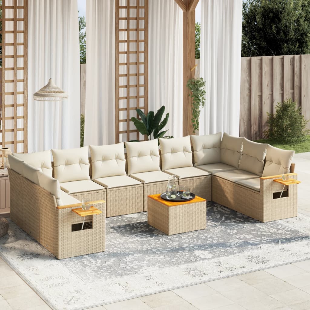 11-tlg. Garten-Sofagarnitur mit Kissen Beige Poly Rattan