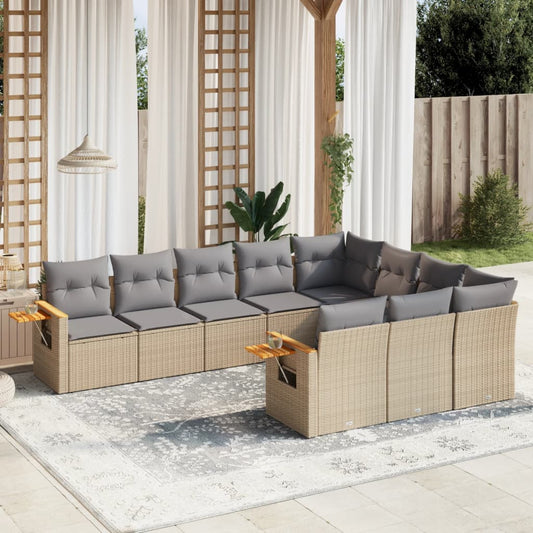 10-tlg. Garten-Sofagarnitur mit Kissen Beige Poly Rattan