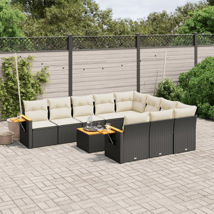 11-tlg. Garten-Sofagarnitur mit Kissen Schwarz Poly Rattan